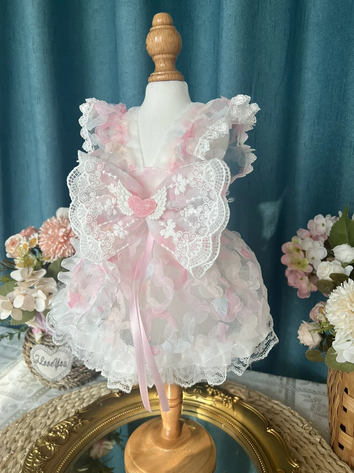 2025 Summer New Pet Dog Clothes Fashion Pink Flower Lace Bow Princess Dresses For Small Medium Dogs Poodle Puppy Skirts Overalls