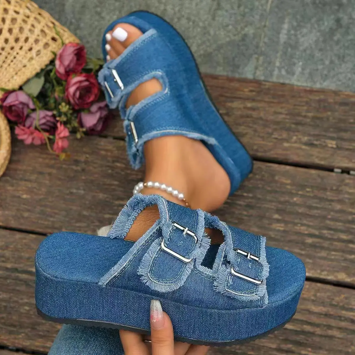 Plus Size 43 Wedge Sandals Women Platform Beach Slippers Summer High Heels Outdoor Casual Thick Slides Denim Sandals Flip Flops