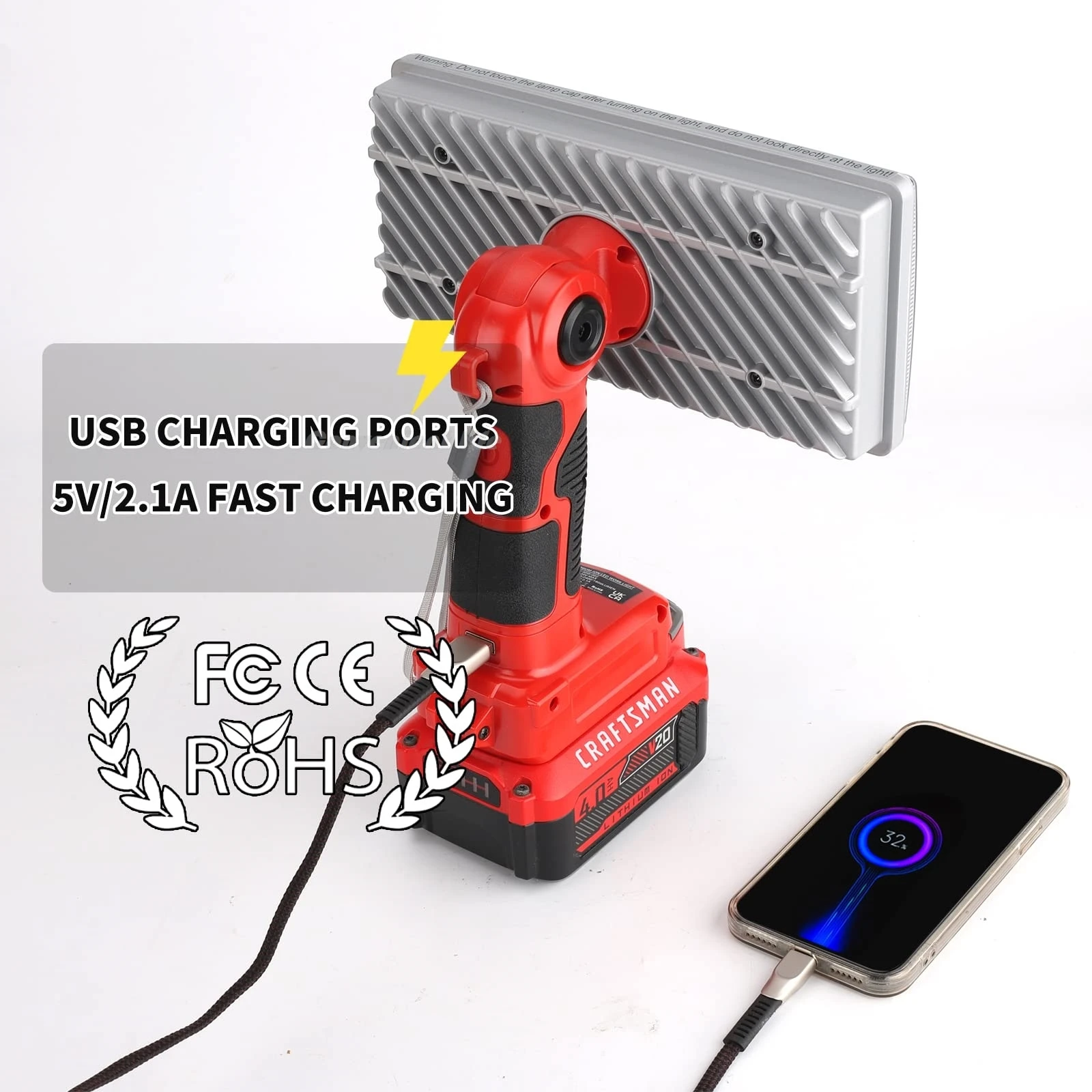 Cordless LED Work Light for Craftsman 20V Battery 40W 4200LM Portable Battery Powered Spotlight with USB Ports 84leds Floodlight