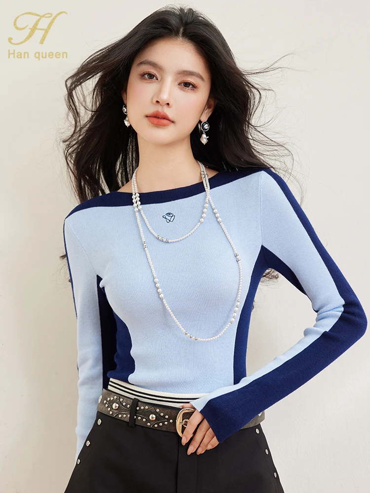 H Han Queen 2025 Spring knitted Pullover Sweaters Casual Splicing Blue Round neck Elastic Slim Basic Long Sleeve Tops