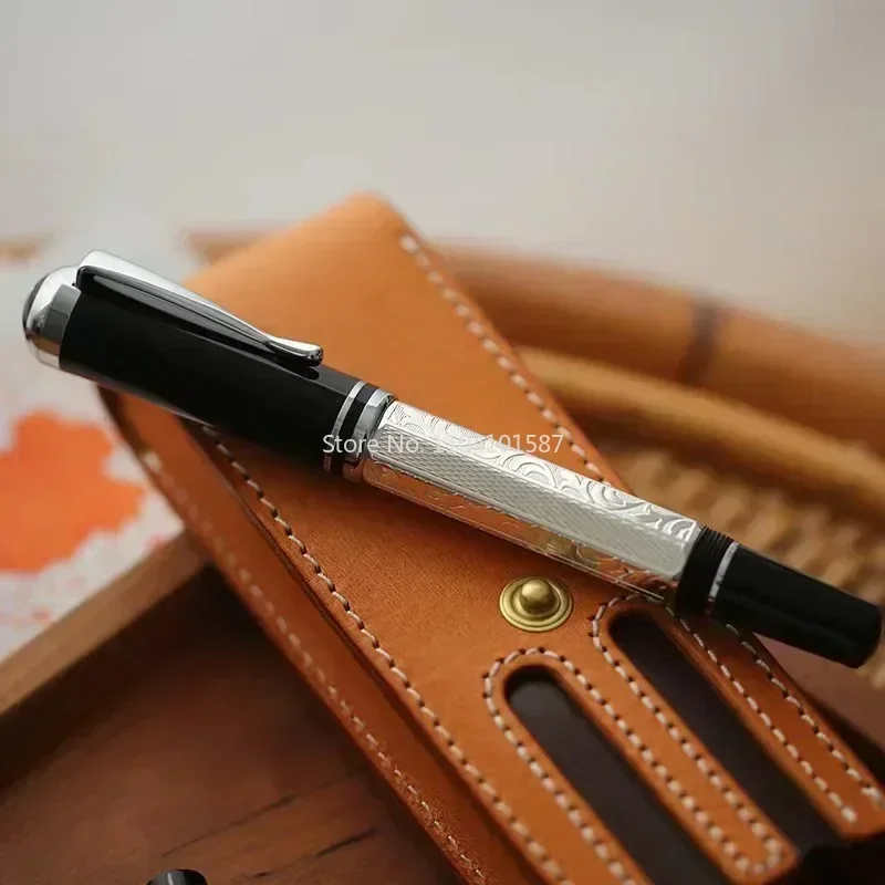 nouveau-stylo-plume-en-metal-majohn-p138-classique-a-piston-absorption-d'encre-plume-n°6-motif-grave-octaedrique-plaque-argent-pour-l'ecriture
