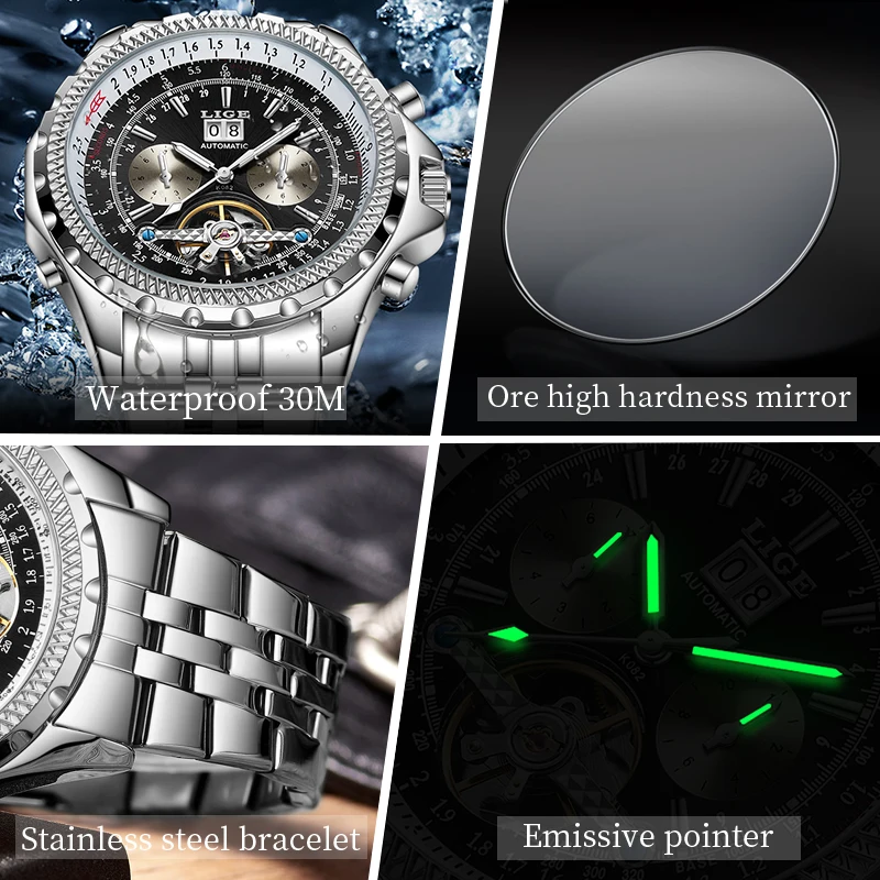 LIGE Hollow Tourbillon Automatic Wristwatch Skeleton Business Mechanical Watch Stainless Waterproof Luminous Calendar Male Clock