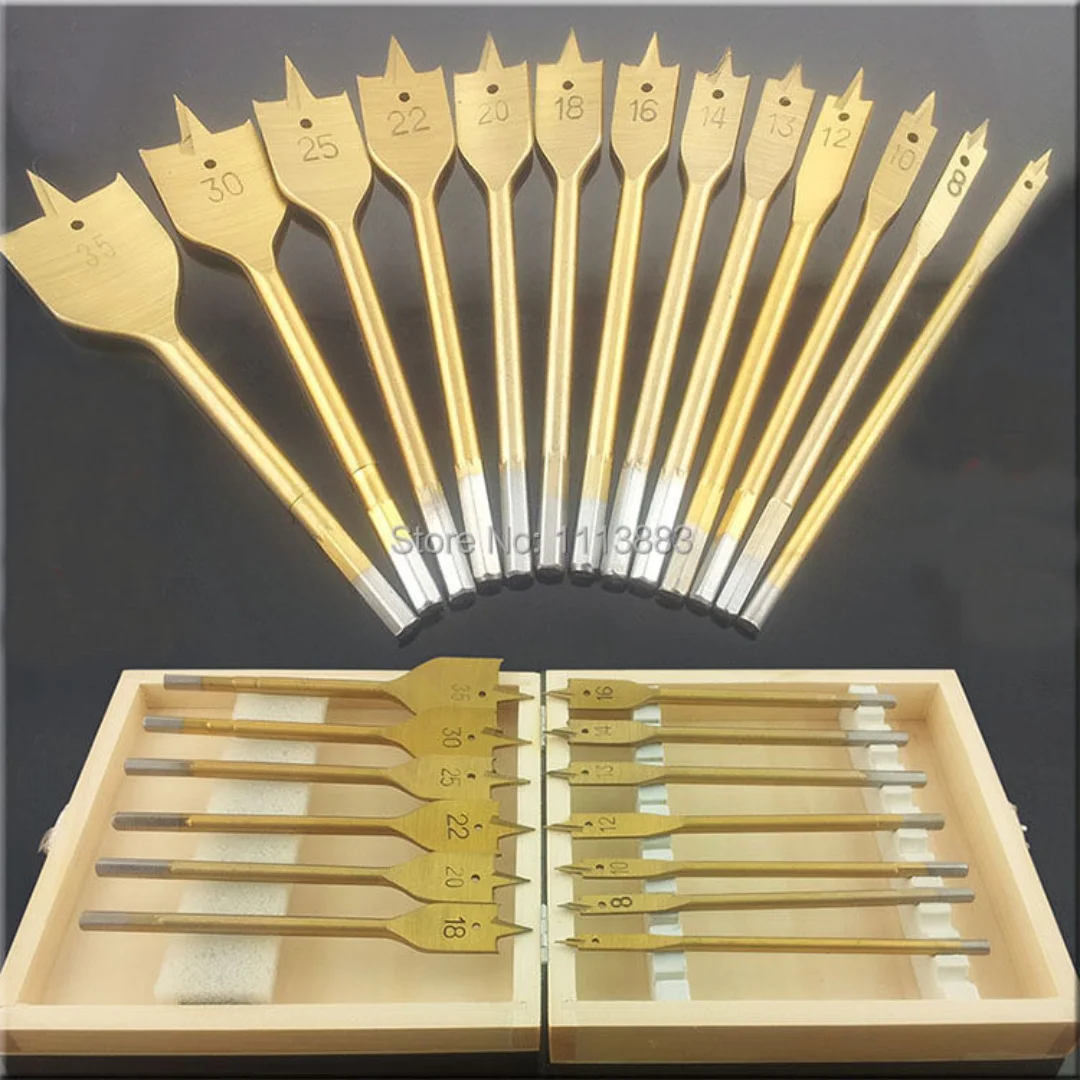 13Pcs Titanium Coated Spade Bits (Platte Bits) In Een Houten Doos
