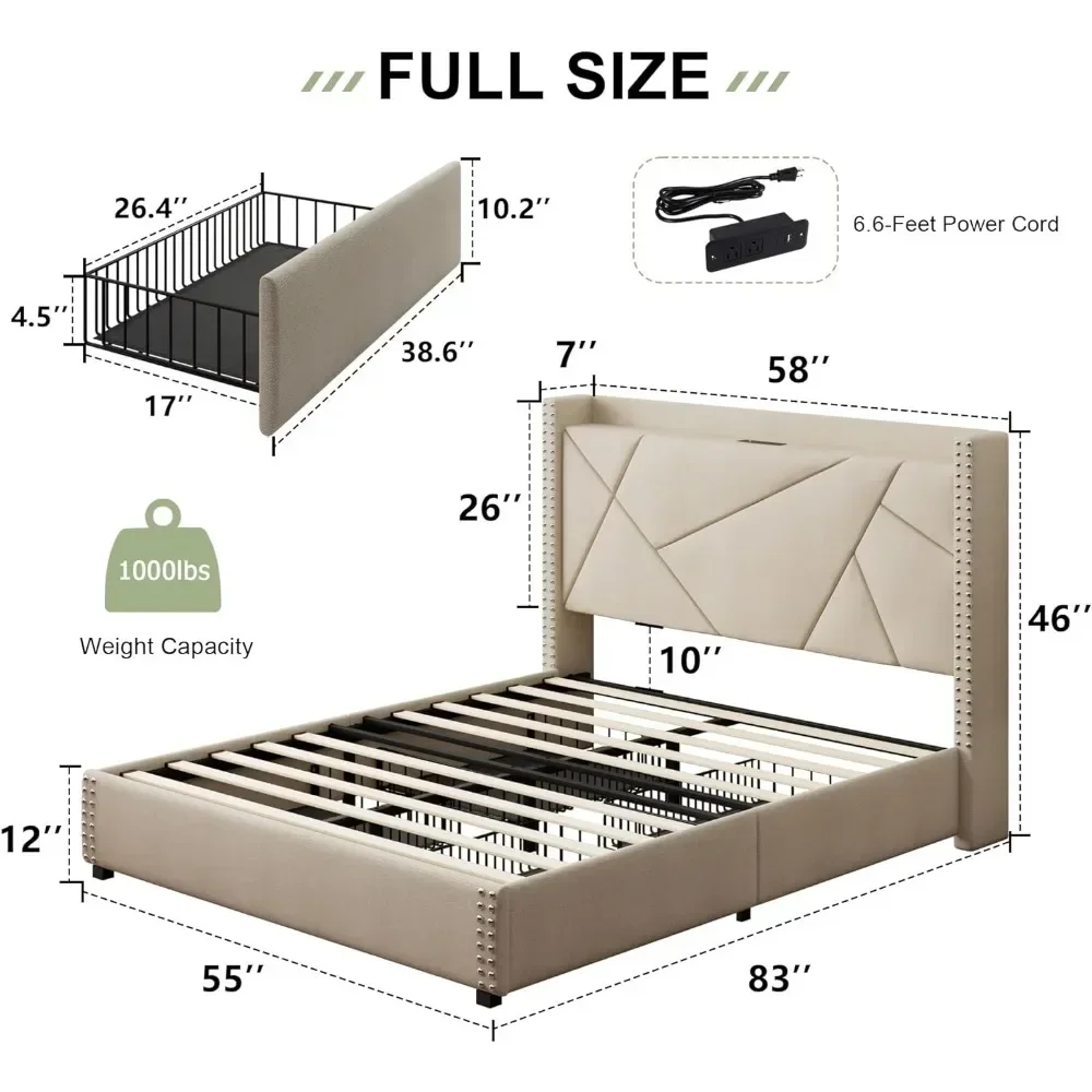 Bed Frame with 4 Storage Drawer, Headboard Charging Station, Solid Wood Slats Support, Bed Frame