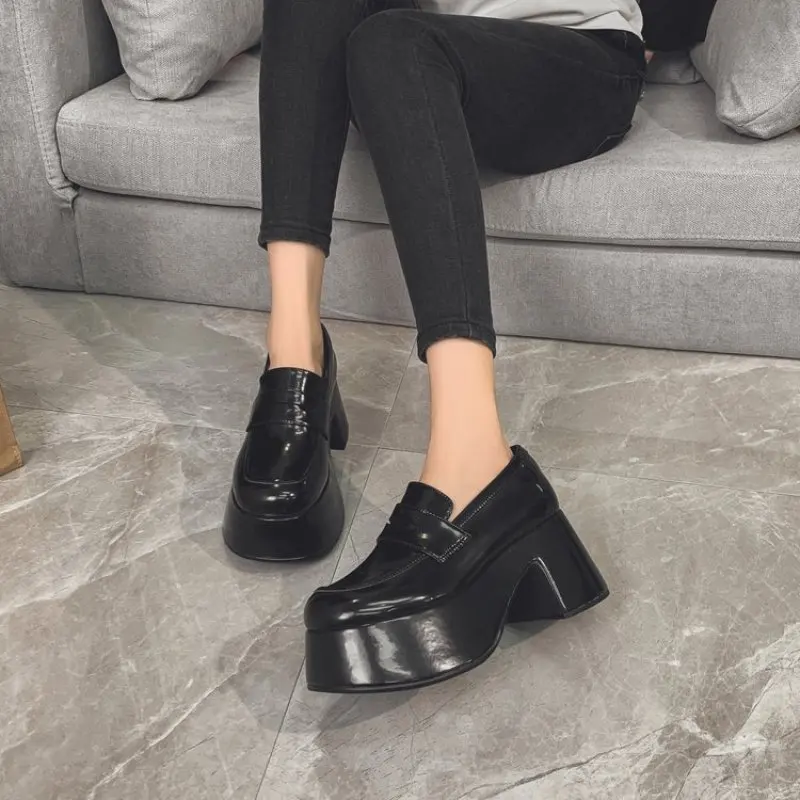 NEW Super High Heels Loafers Women Spring Autumn Patent Leather Chunky Platform Pumps Woman Slip On Black Uniform Shoes Fashion