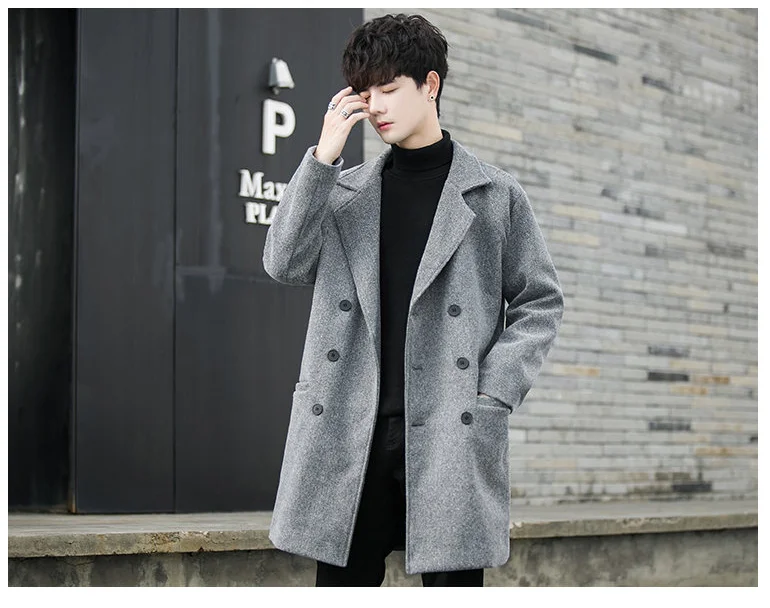 coats for men แฟชั่นกระดุมสองแถวหล่อฤดูใบไม้ร่วงฤดูหนาวปกเสื้อขนสัตว์ผู้ชายวัยกลางคนธุรกิจแฟชั่นเสื้อทำด้วยผ้าขนสัตว์ผู้ชาย