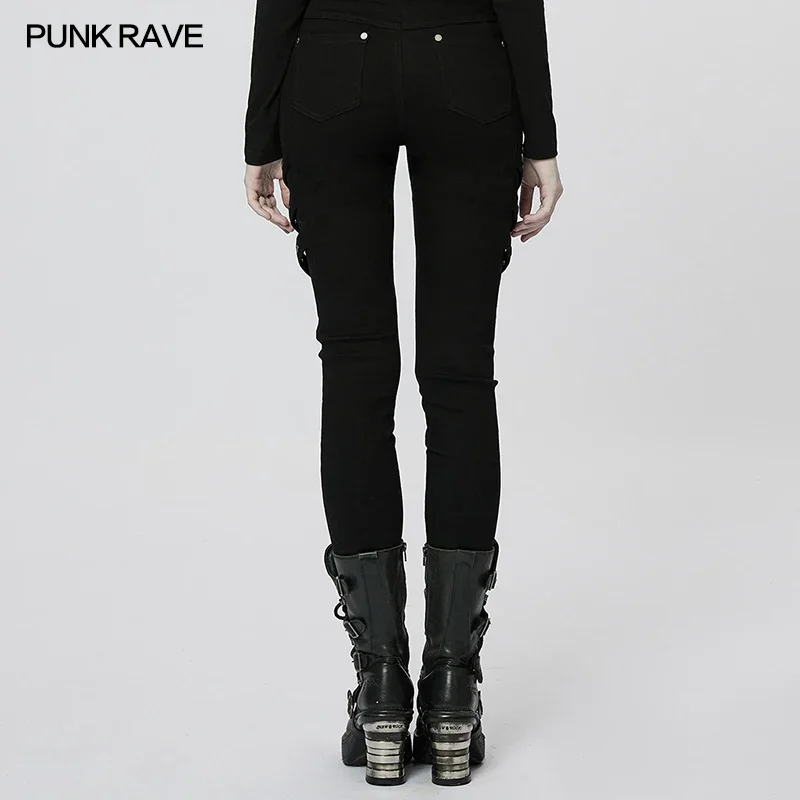 PUNK RAVE Women\'s Punk Sexy Tight Long Pants Daily Mesh Cloth Hollow Out Splice Women Trouser Spring/autumn Streetwear