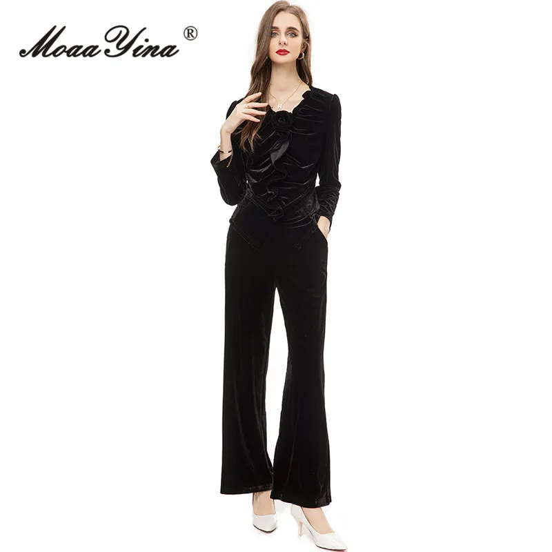 

MoaaYina Autumn Fashion Runway Black Vintage Velvet Pants Set Women V Neck Ruffles Slim Top+Pocket Straight Trousers 2 Piece Set