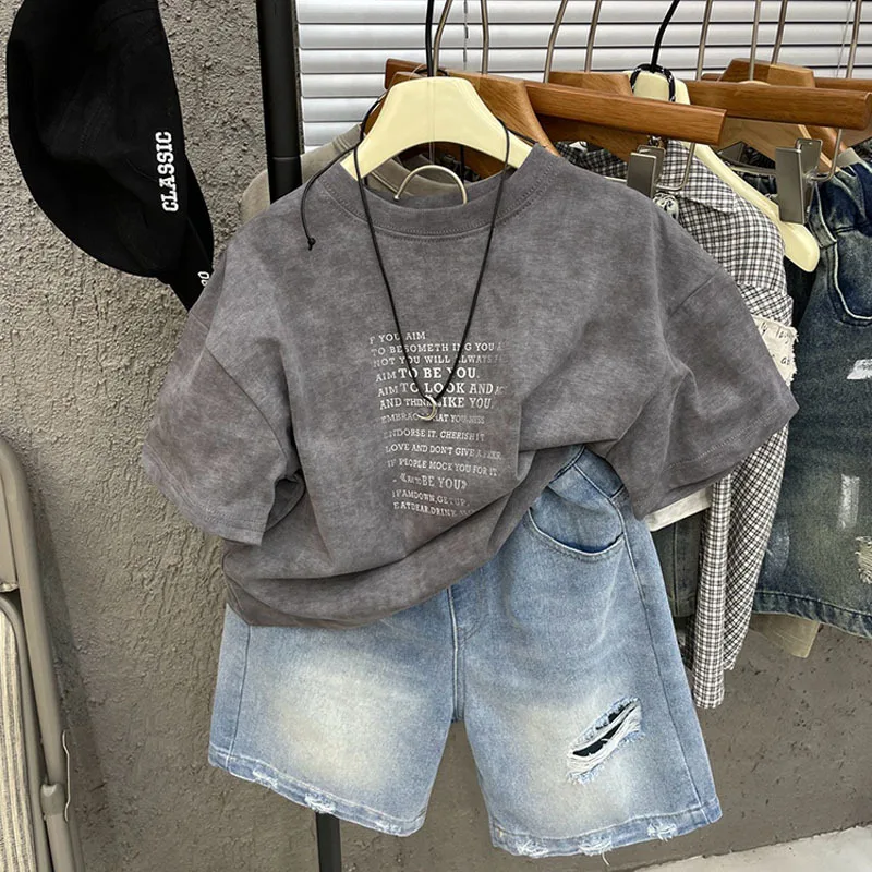 2026 Printed Small Letter Short Sleeve T-shirt Children Pure Cotton Summer New Style Boy Western-style Korean Version Top