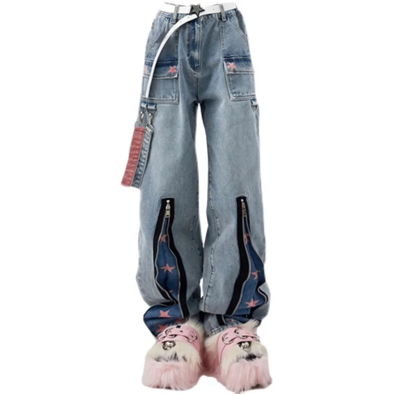 Imagem -05 - Jeans Americanos de Rua Alta para Mulheres Design Estampado com Estrelas Solto e Fino Perna Reta Calças de Perna Larga Primavera e Outono Novo