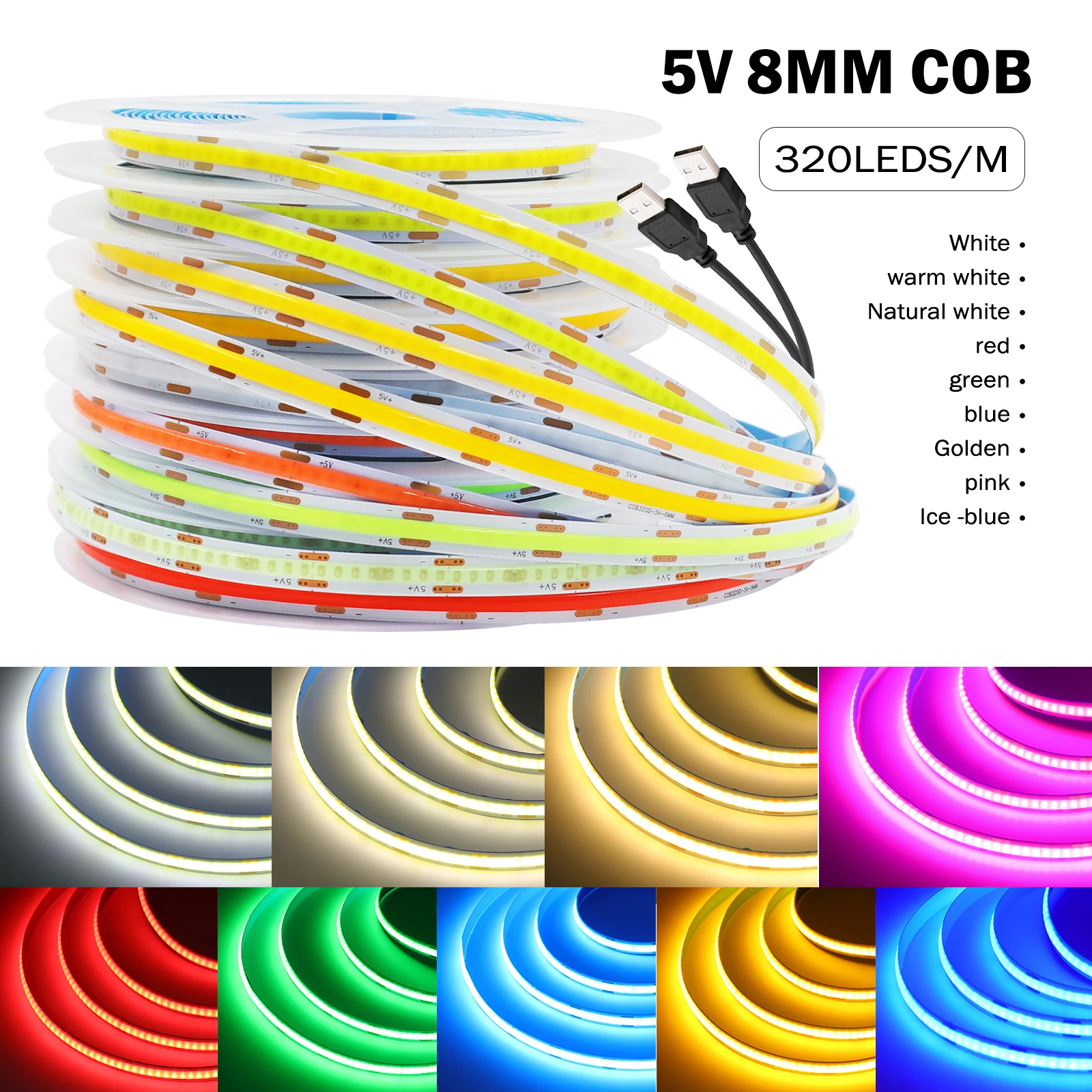 5V USB COB Led Strip Light 320LEDs/m Flexible Diode Tape Linear Indoor Lighting White/Red/Green/Ice Blue Room DIY TV Backlight