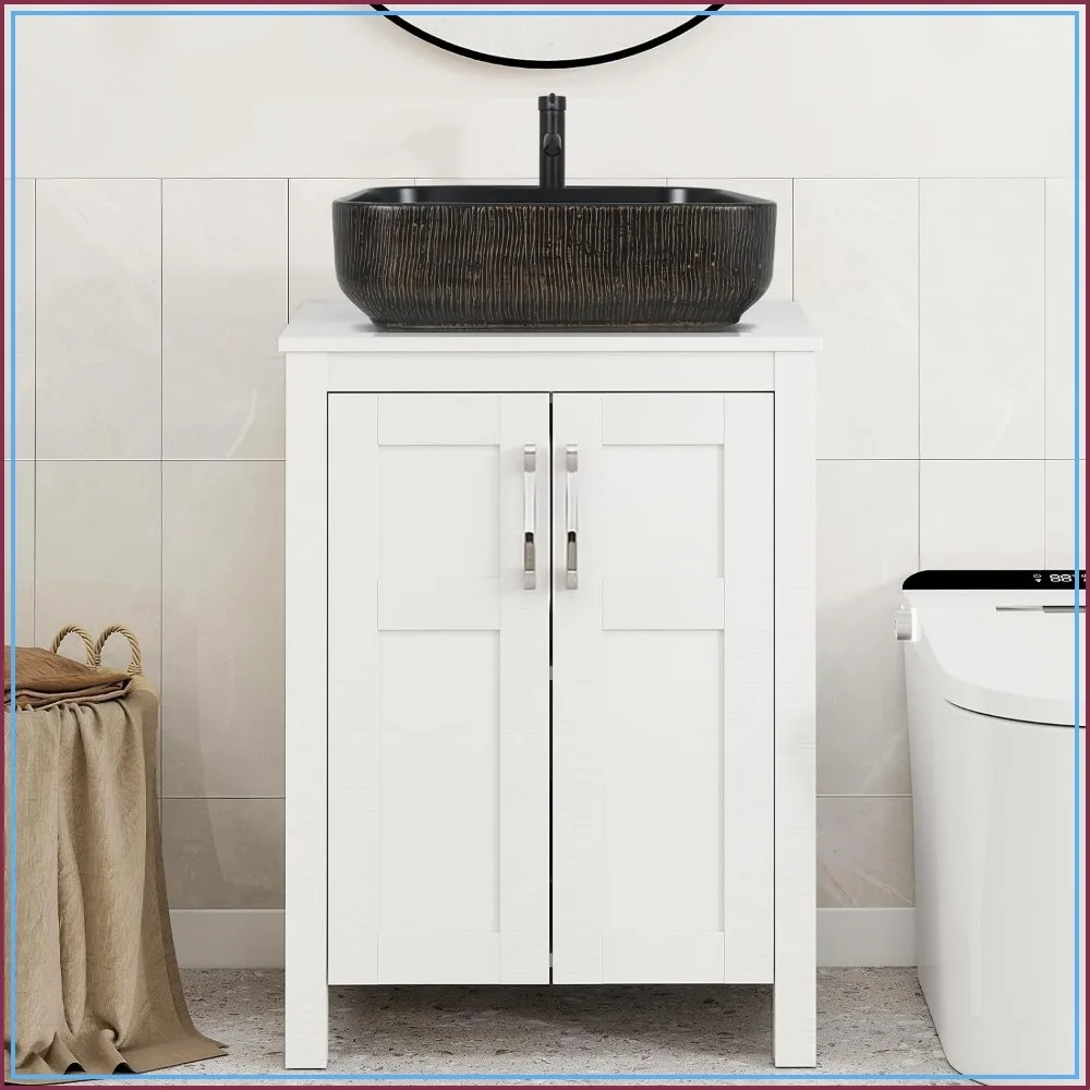 24 Inch Bathroom Vanity with Vessel Sink, Black Gold Sink, White Cabinet
