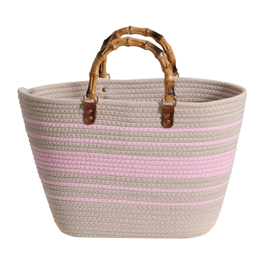 Cotton Woven Handbags Bamboo Handle Ladies Woven Tote Large Capacity Striped Portable Casual Fashion Exquisite for Seaside Party