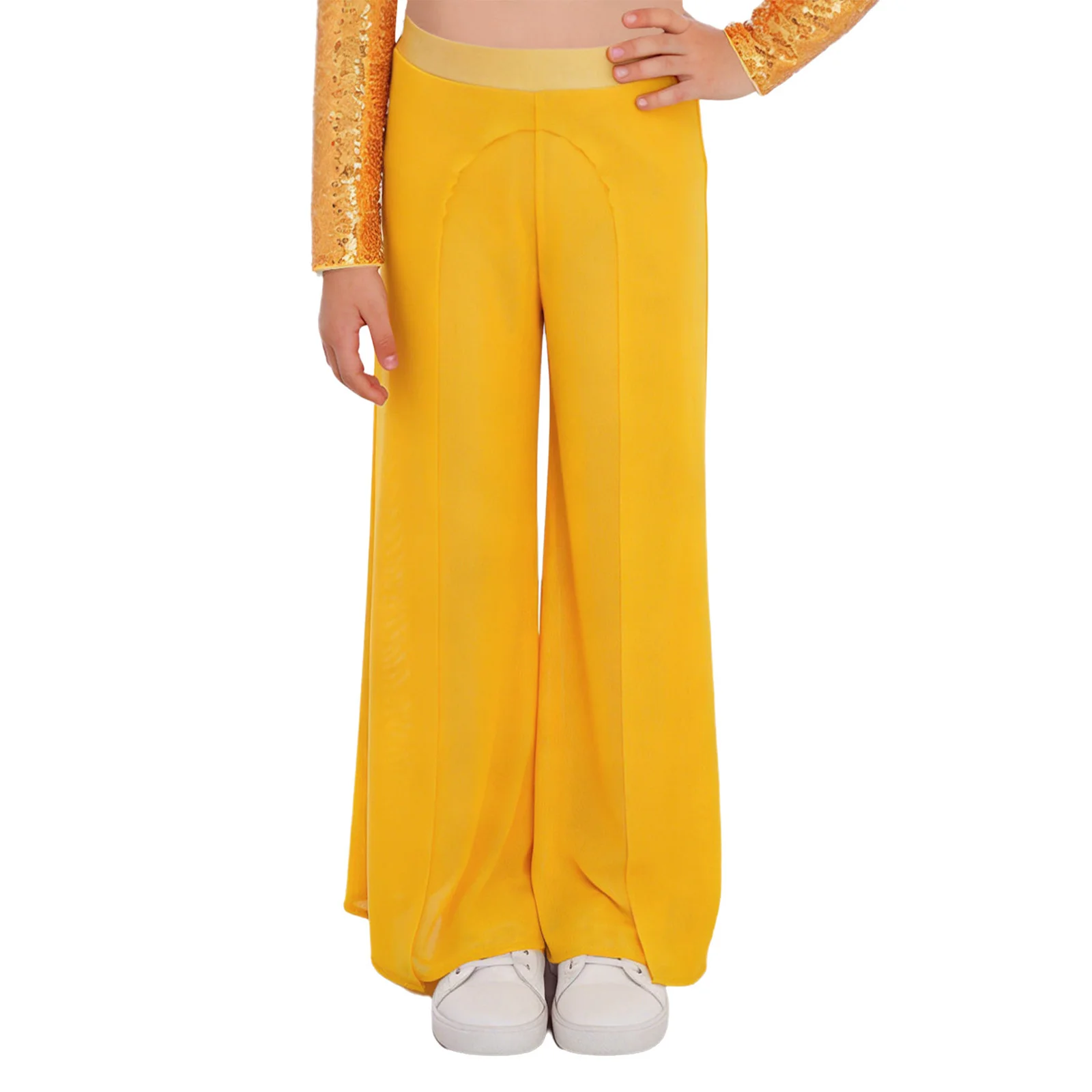 Kids Girls Lyrical Dance Pants Elastic Waistband Wide-Leg Mesh Pants with Built-in Briefs for Modern Performance Competition