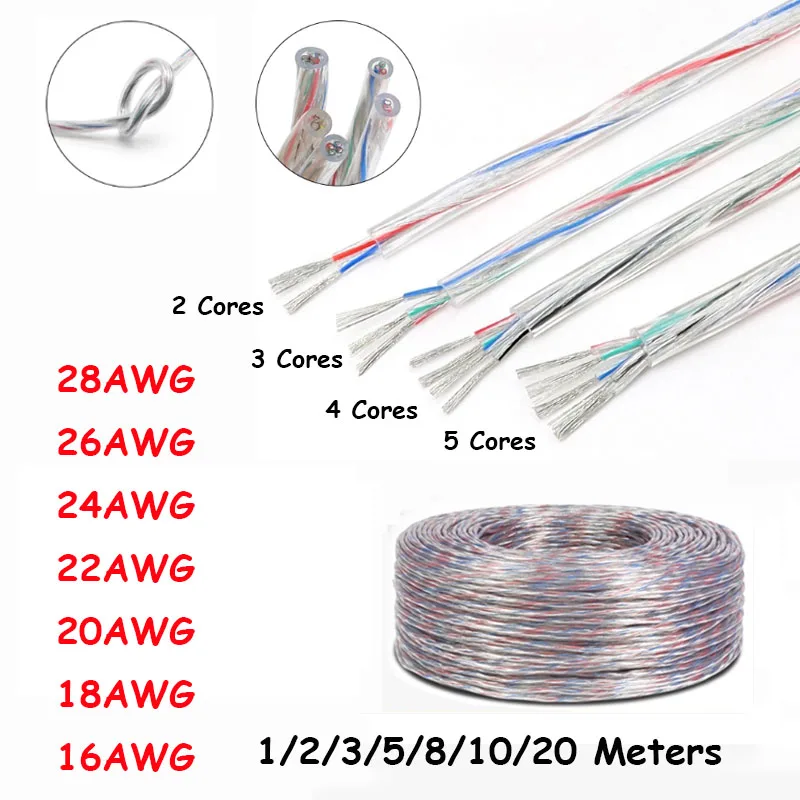 1~20 Meters Transparent Power Cord 28/26/24/22/20/18/16AWG PVC Insulation Tinned Copper Cable 2 3 4 5 Cores LED Light Wire Line