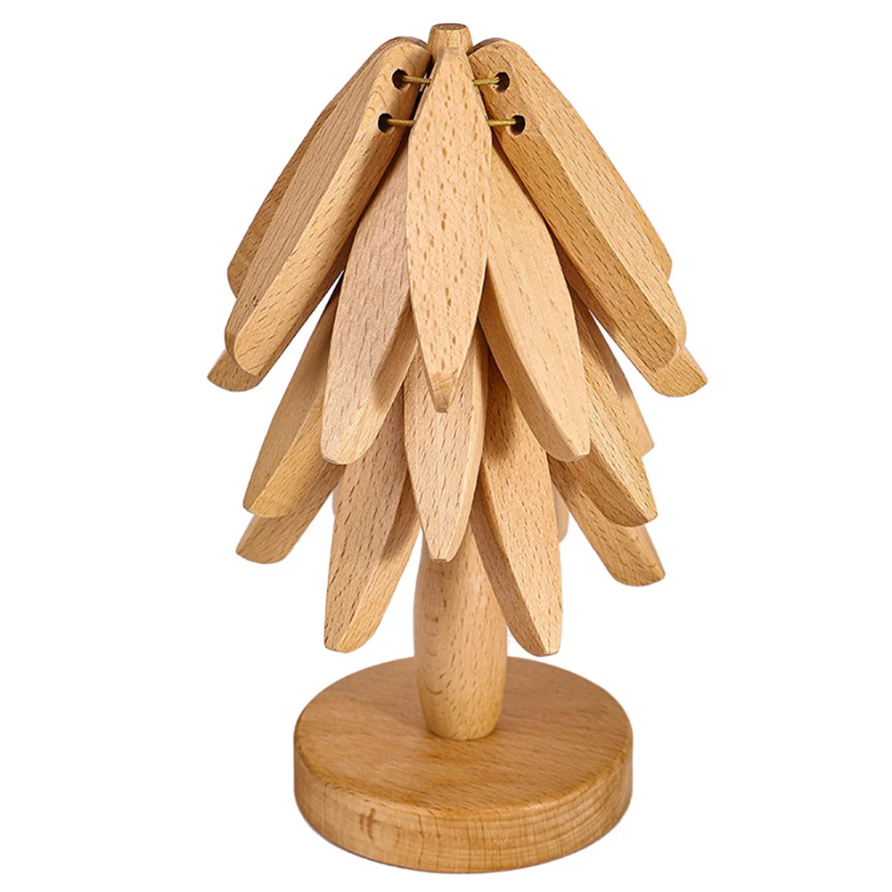 Tree Shape Wooden Trivets for Serving For Hot Dishes 4 Piece Set with Automatic Unfolding Mechanism Great Kitchen Decoration