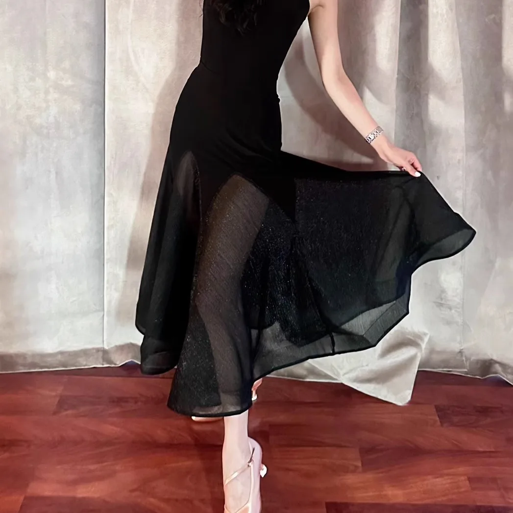 Waltz Dansvoorstelling Kostuums Moderne Kleding Zwart Grote Schommel Mesh Visgraat Rok Ballroom Dans Jurk Oefenkleding DN22294