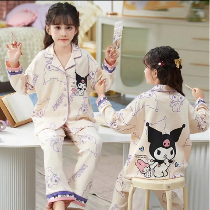 Sanrios بدلة أطفال Kuromi فتاة منامة الطفل ربيع الخريف طويلة الأكمام طالب جديد Kawaii الكرتون صالة الملابس ارتداء خارج