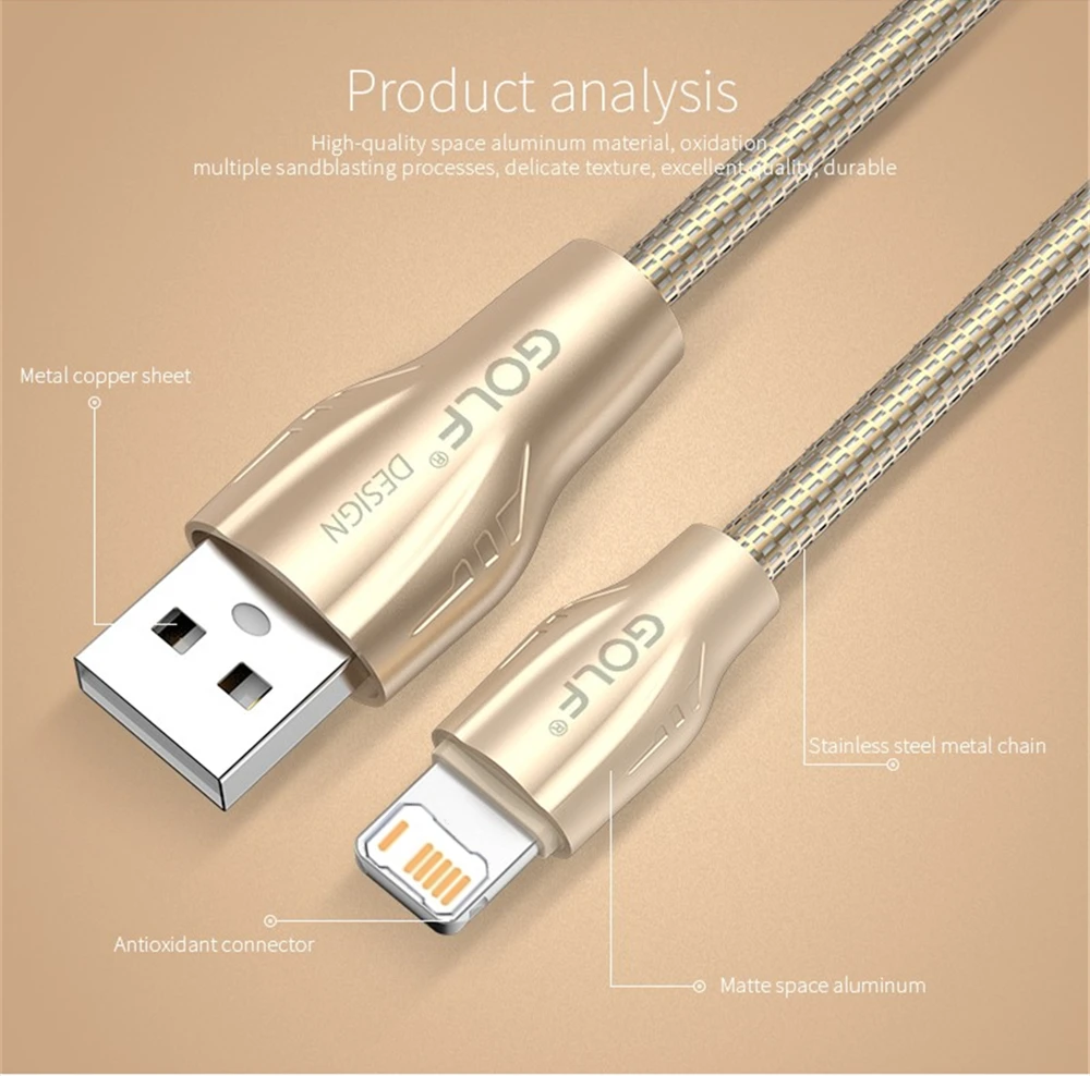 2.4A USB Fast Charging Alloy Cable For iPhone 11 12 13 Mini 14 Pro Max X XR XS Max 6S 7 8 Plus Rapid Charge USB-A Data Cable 1m