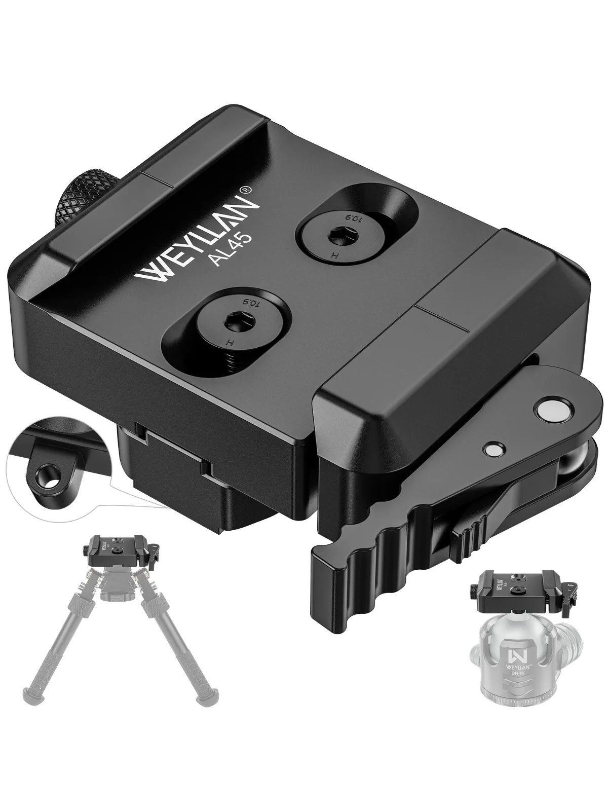 Adapter bipodu WEYLLAN AL45 Arca Swiss z dźwignią do bipodów Harris & Atlas, zacisk na szynę Mlok, zacisk Arca-Swiss do głowicy statywu. — zdjęcie produktu 7