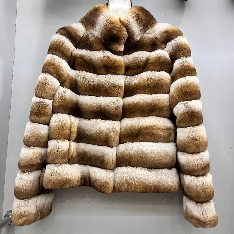 سترة شتوية نسائية جديدة لعام 2025 بلون شينشيلا معطف فرو أرنب ريكس حقيقي بأكمام طويلة وسترات خارجية فاخرة ودافئة