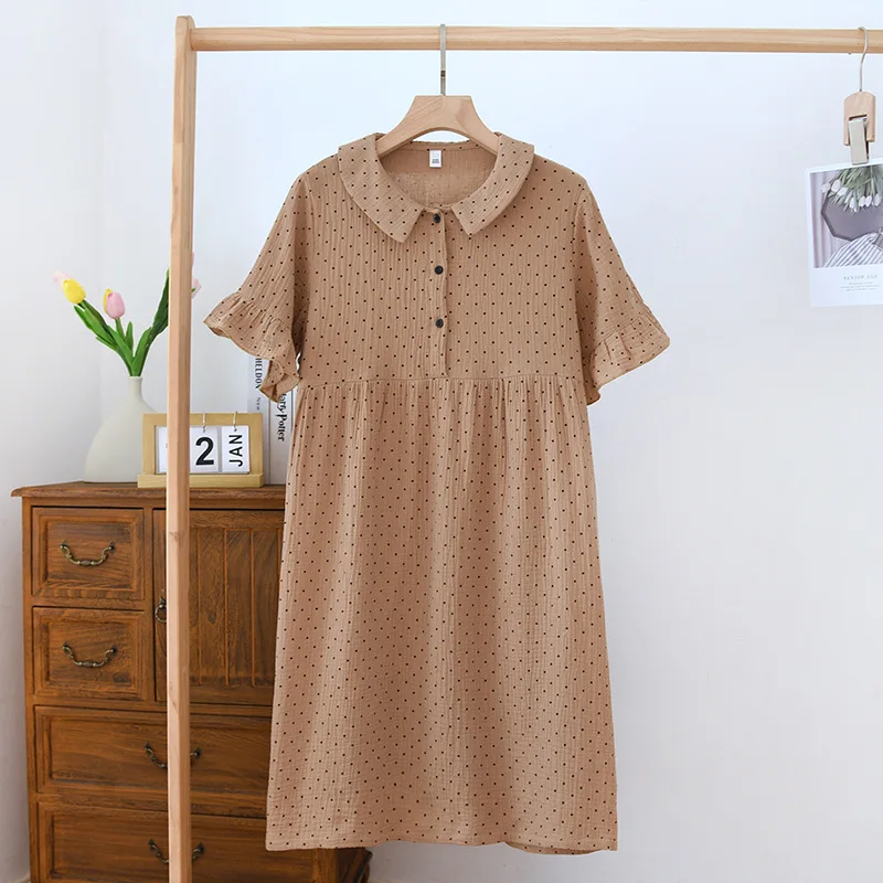 Women Short Sleeve Pajama Dress Summer Crepe Cotton Loose Skirt Loose Comfortable Turn-down Collar Nightgowns Sexy Sleepwear