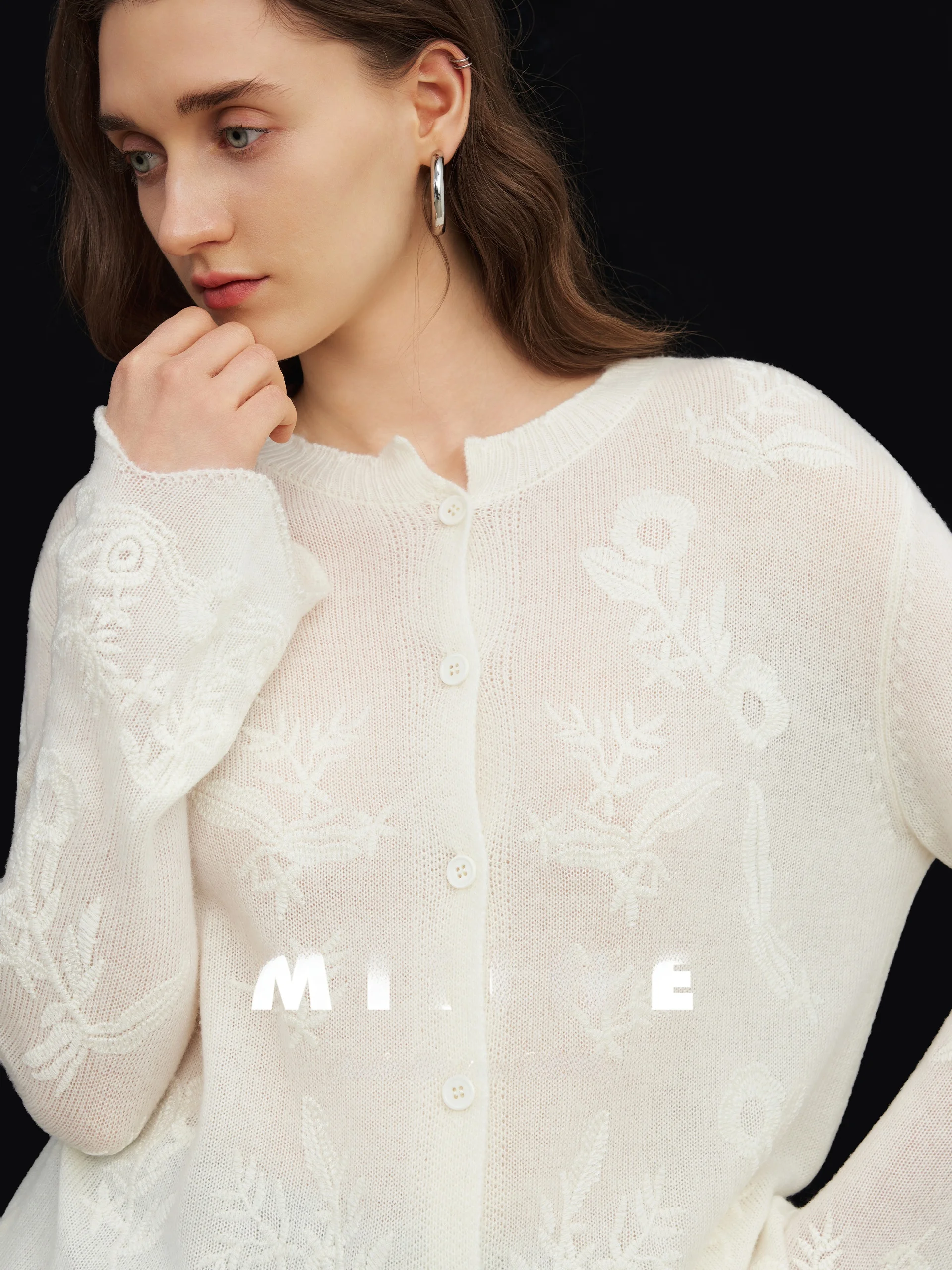 

Романтичный вязаный шерстяной кардиган Miiine с круглым вырезом, вышивкой и ажурной отделкой, повседневная женская одежда