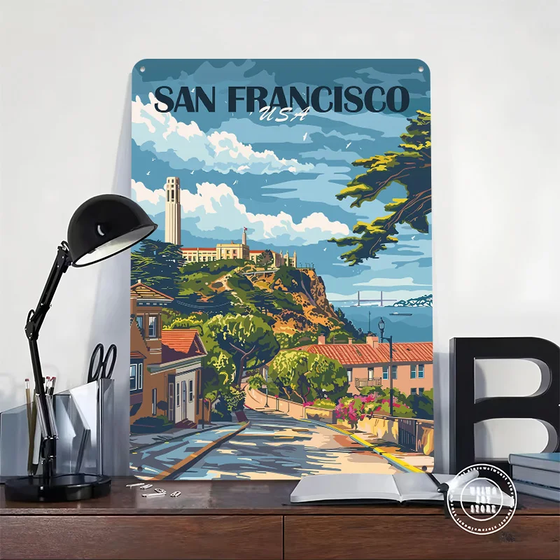 San Francisco Cityscape Personalized 3D Textured Metal Poster Wall Art Tinplate Sign for Living Room Decoration Items Wand Deko