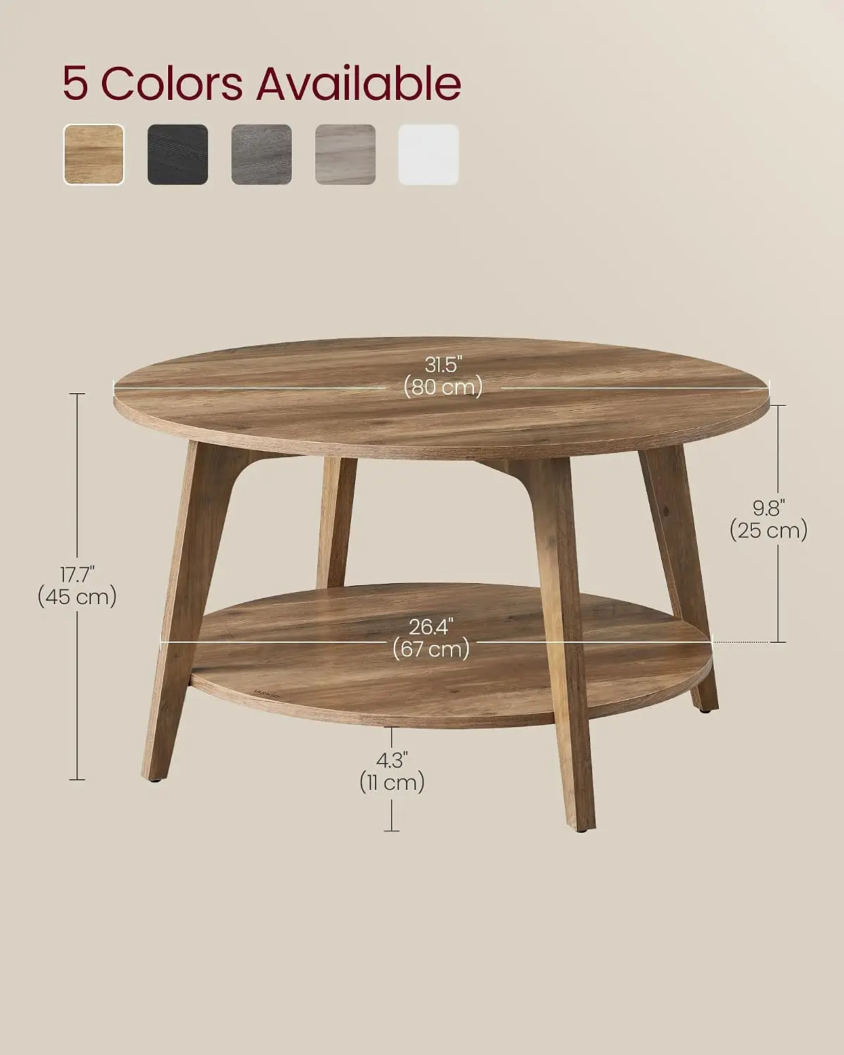 Collection - Round Coffee Table, 2-Tier Center Table with Storage, Tapered Legs, Curved Transitions, 31.5 Dia. X 17.7 H Inches, Easy Assembly, for Living Room, Honey Brown