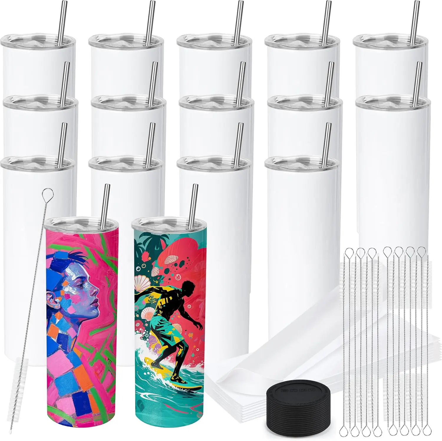 

16 Pack Sublimation Tumblers Blanks 20 oz Flat Edge Skinny Straight Cups with Lids and Straws for Heat Press