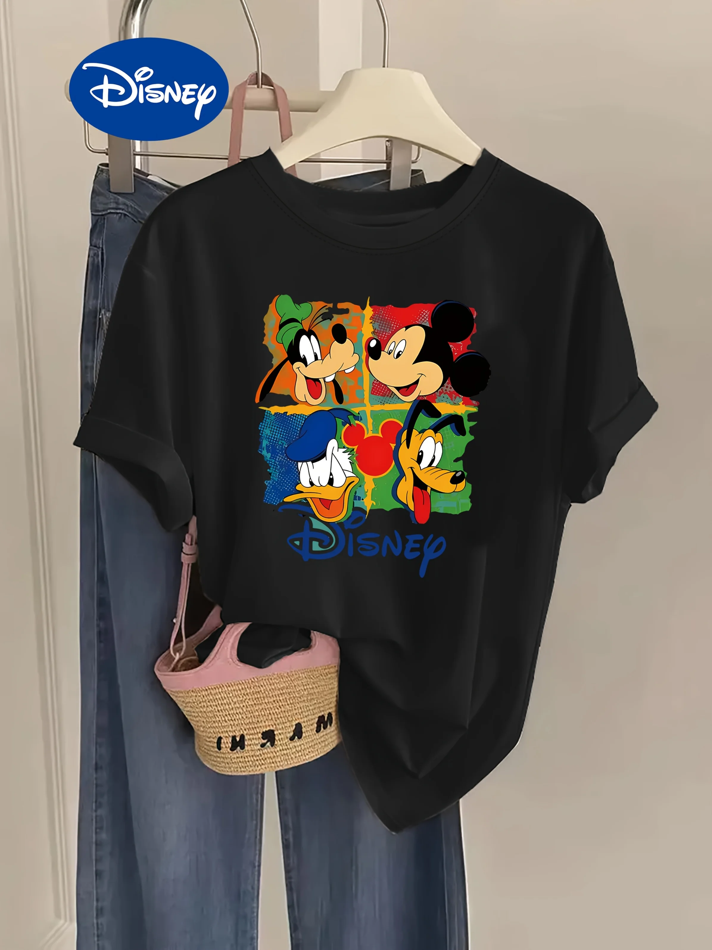 

2025 Disney Pattern Printed Women's Casual Comfortable Unique Smiling Face Black Round Neck Short Sleeve T-shirt