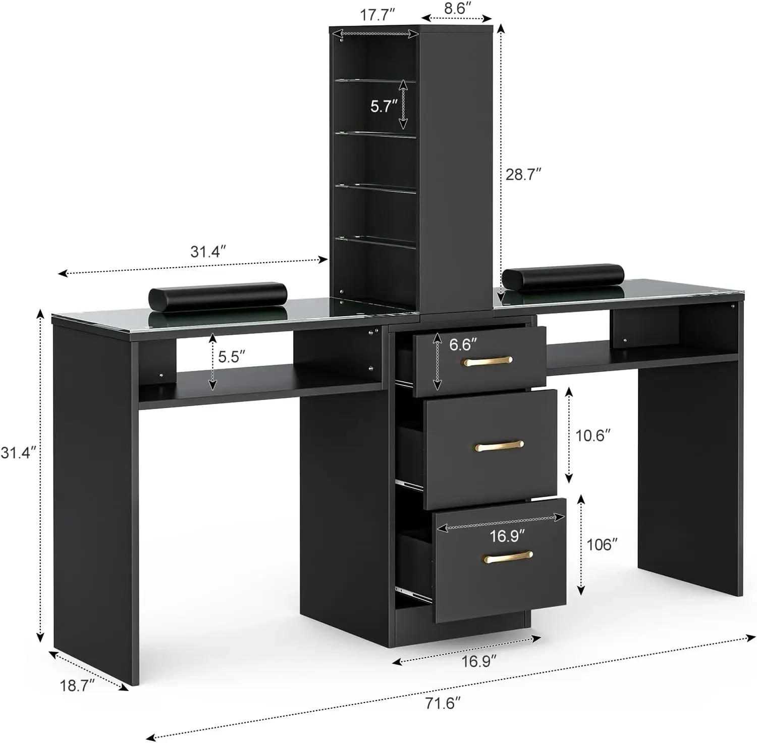 Table de manucure, bureau à ongles pour module d'ongles avec dessus en verre et assistance-poignet, station de travail de beauté des ongles avec 3 compartiments de rangement