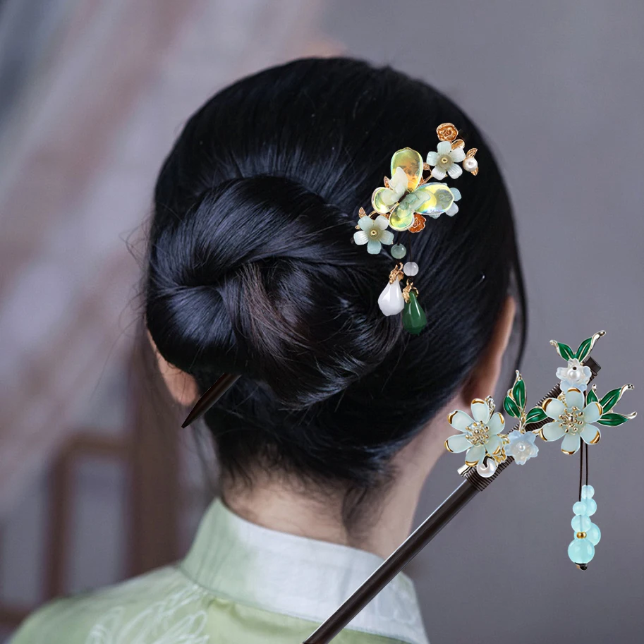 Wood Tassel Step Shaking Hair Stick For Women Ancient Hairpin Flower Chopstick For Bun Updo Fashion Hair Accessories Gifts