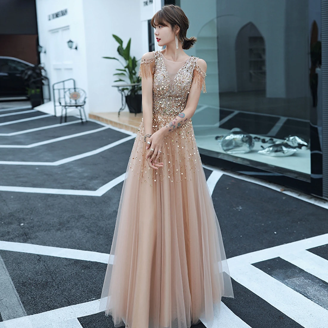 Elegant Beaded Floor-Length Prom Dress A-line O-Neck Sexy Prom Dresses