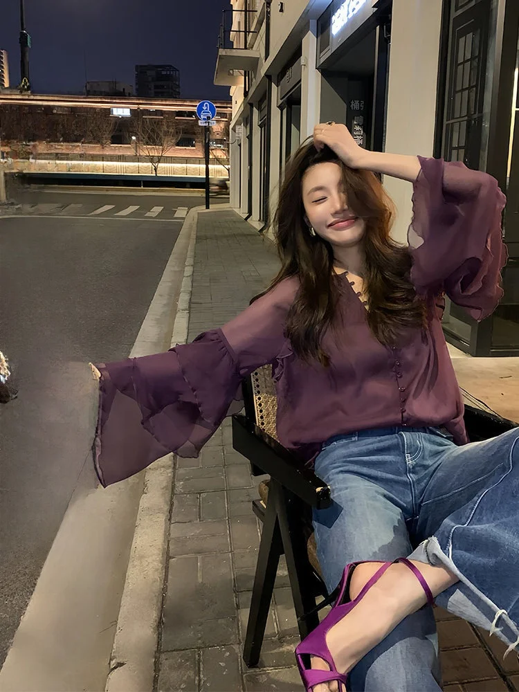 Dragon Joy Purple Chiffon Top Women's Loose Wide Sleeve Bell Sleeve Design Sensation Lace Trim Elegant Top Summer 2026