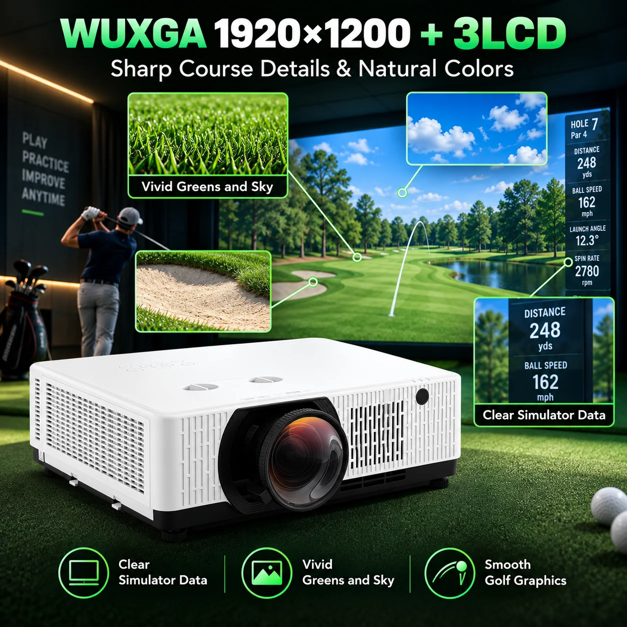 7500 Lumen Short Throw Laser Golf Simulator Projector WUXGA 3LCD Projector for Indoor Golf Rooms