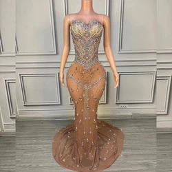Sexy Strapless Beaded Prom Dress V Neck Mermaid Hemline Sleeveless Evening Birthday Wedding Dress Women Party Photoshoot Gowns