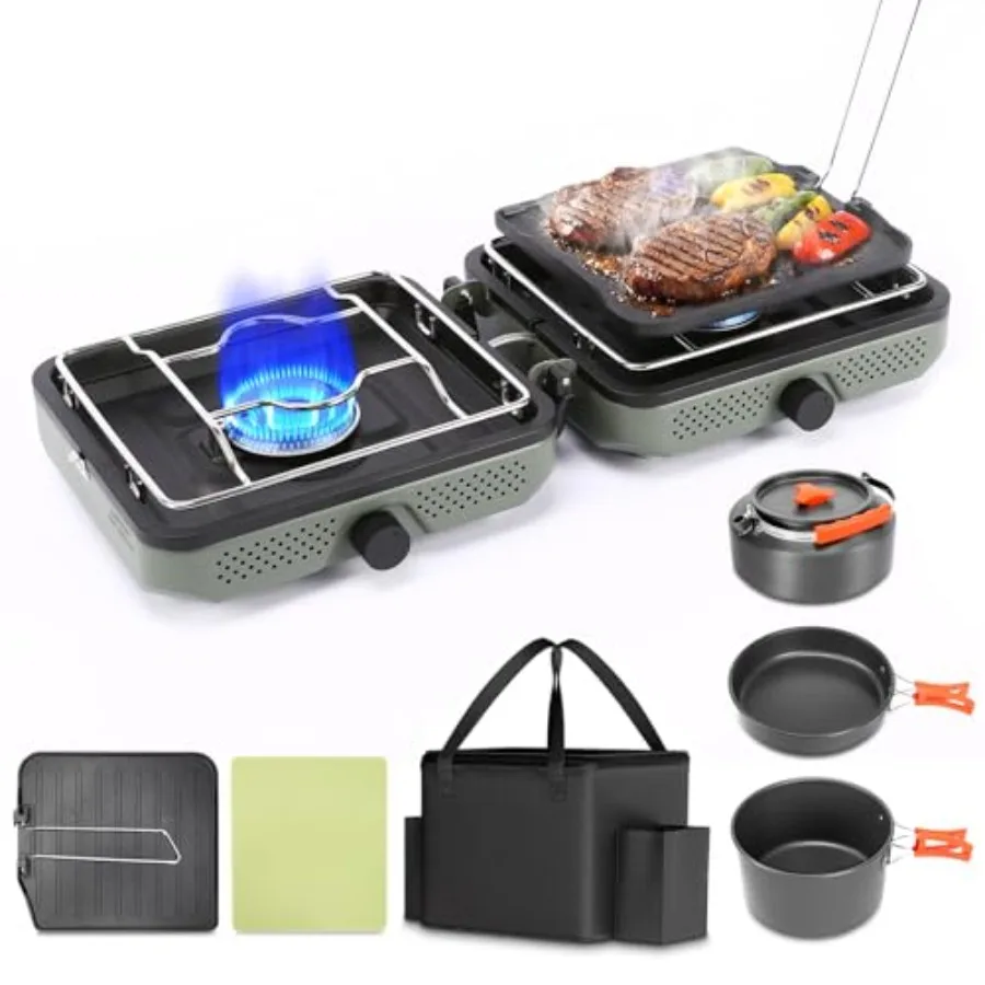 

2 Burner Propane Camping Stove 30000 BTU Foldable Portable Gas Stove with Cookware Set and Carry Bag Outdoor Cooking for Campin