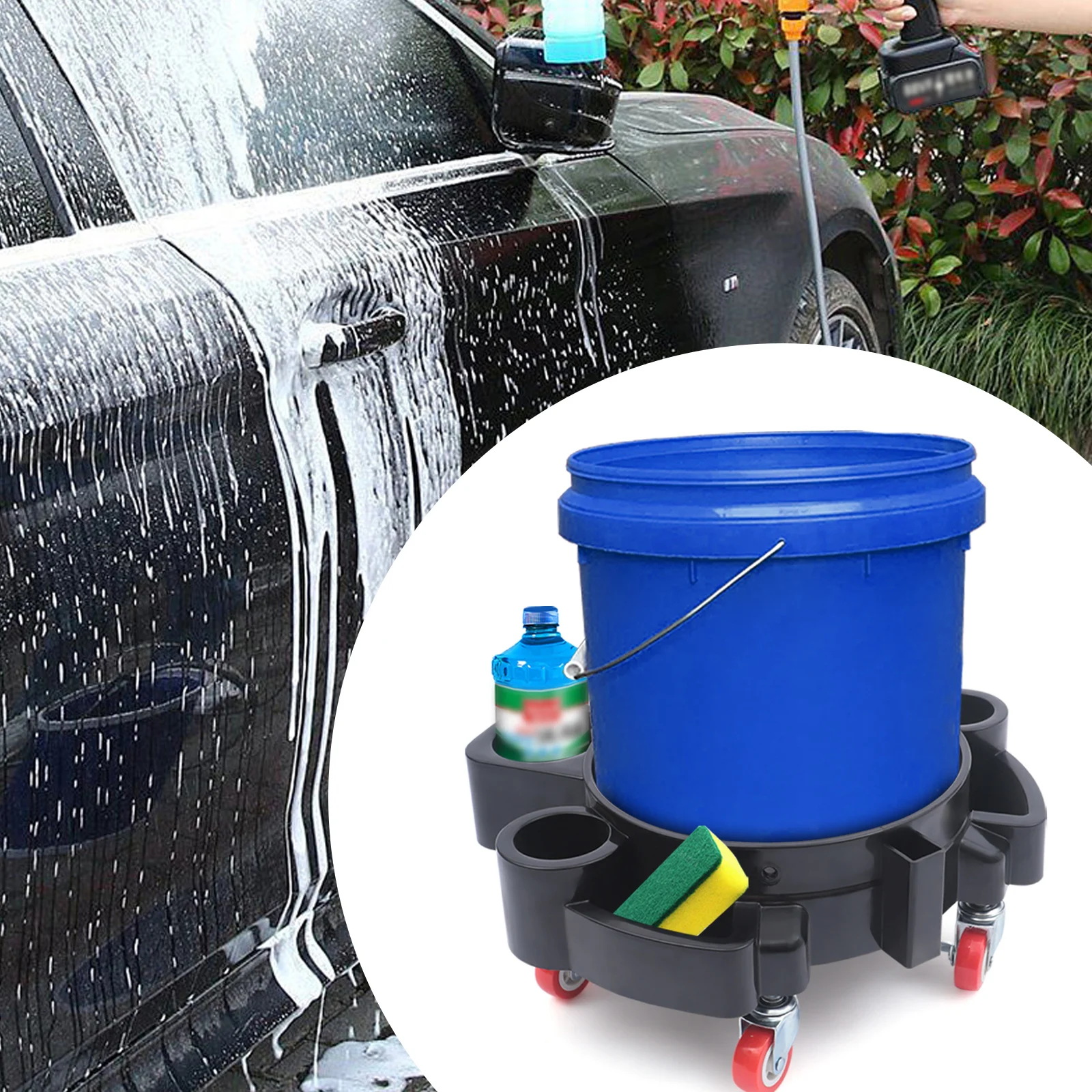 Black Bucket Dolly Wash Professional Bucket Dolly with Wheel Casters Car Wash Dolly with  Five Pulleys Rotate 360 Degrees view 3
