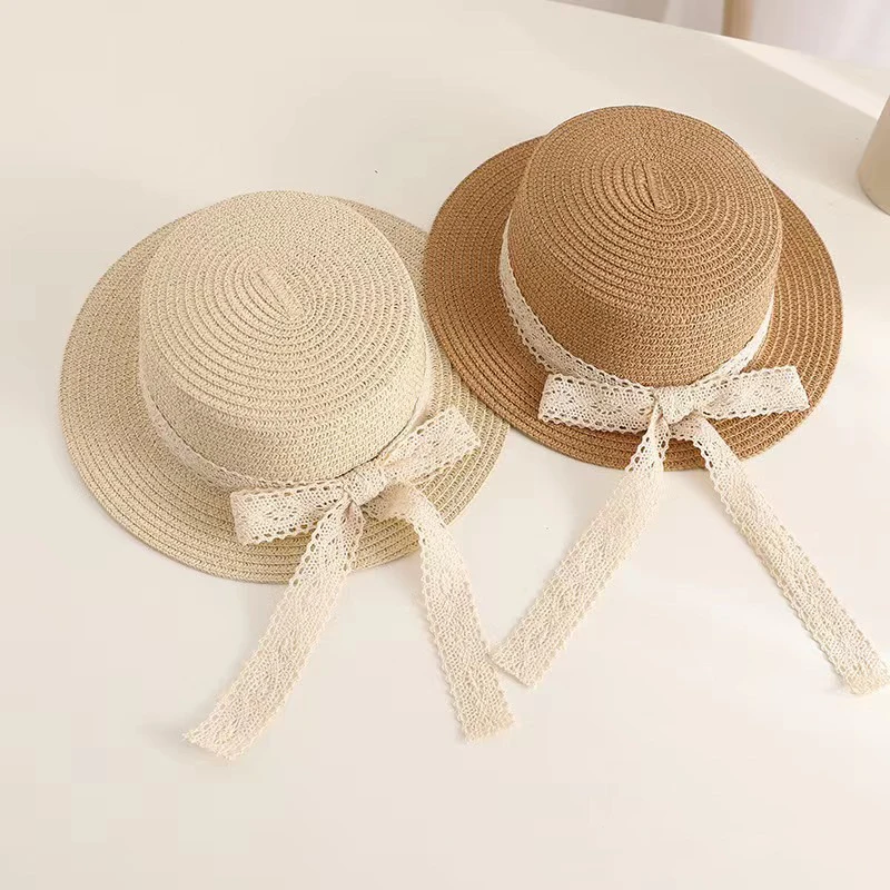 Lace Bow Straw Hat for Baby Girls Summer Wide-brim Sunshade Beach Cap Outdoor Travel UV Protection Kids Panama Sun Hats