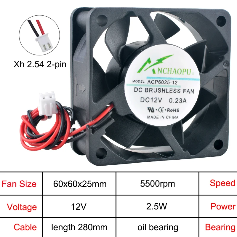 ACP6025 6 ซม.60 มม.Axial Flow พัดลม 60x60x25 มม.พัดลมระบายความร้อน DC5V/12 V/24 V 2-Pin สําหรับ Charger แหล่งจ่ายไฟแปลงความถี่