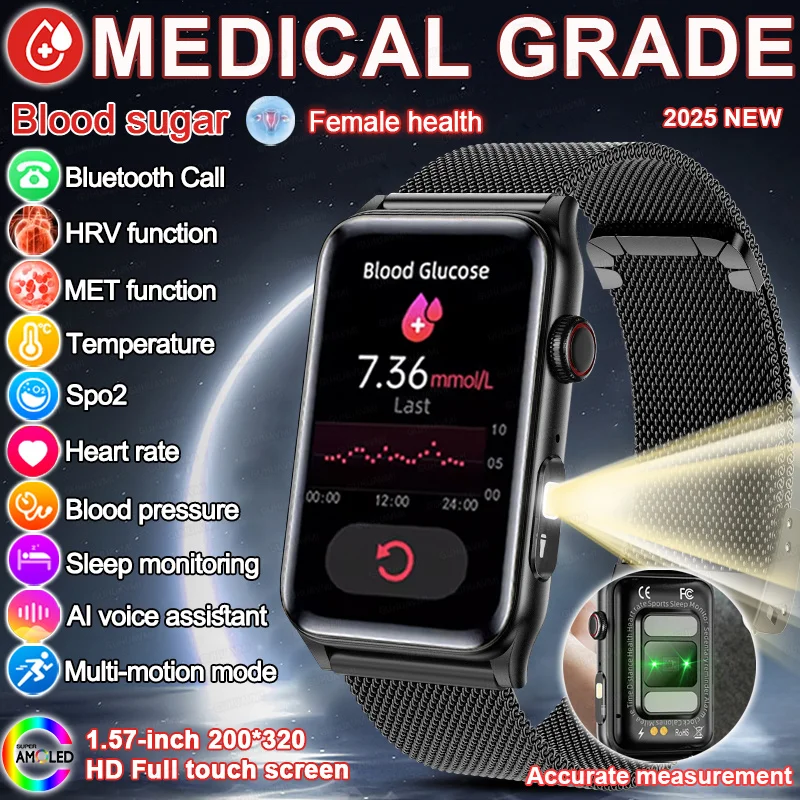 2025 relógio inteligente de glicose no sangue não invasivo monitor de freqüência cardíaca oxigênio no sangue led bluetooth chamada esporte saúde diagn