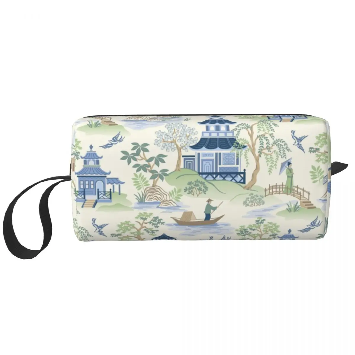 Vintage Chinoiserie Willow Pagoda Makeup Bag for Women Travel Cosmetic Organizer Oriental Style Landscape Storage Toiletry Bags