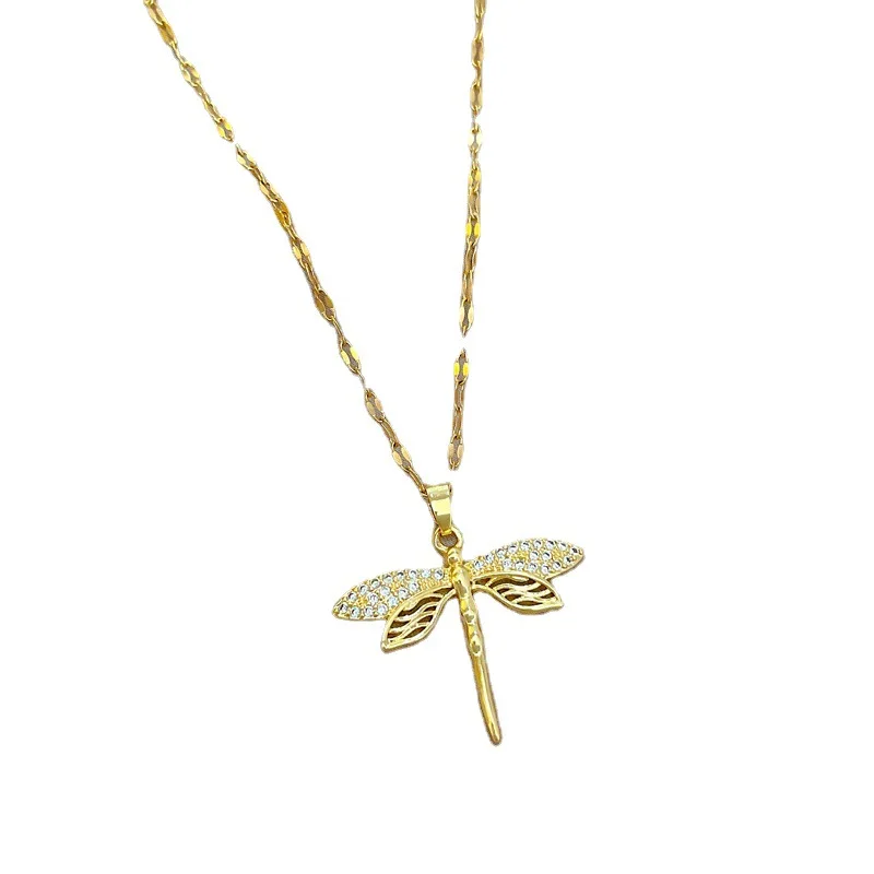 316L Stainless Steel Personality Golden Dragonfly Pendant Necklace for Women Fashion Girls Clavicle Chain Party Jewelry Gifts