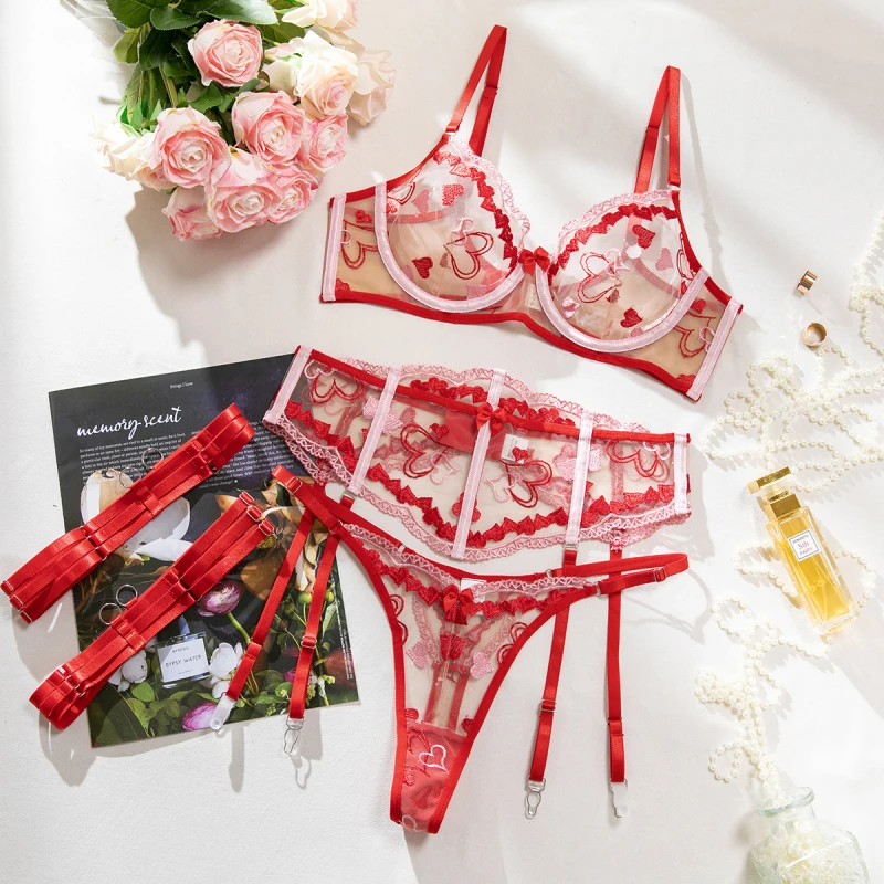 Bikini Heart Embroidery Mesh Fishbone Waist Bowknot Women's Sexy Lingerie