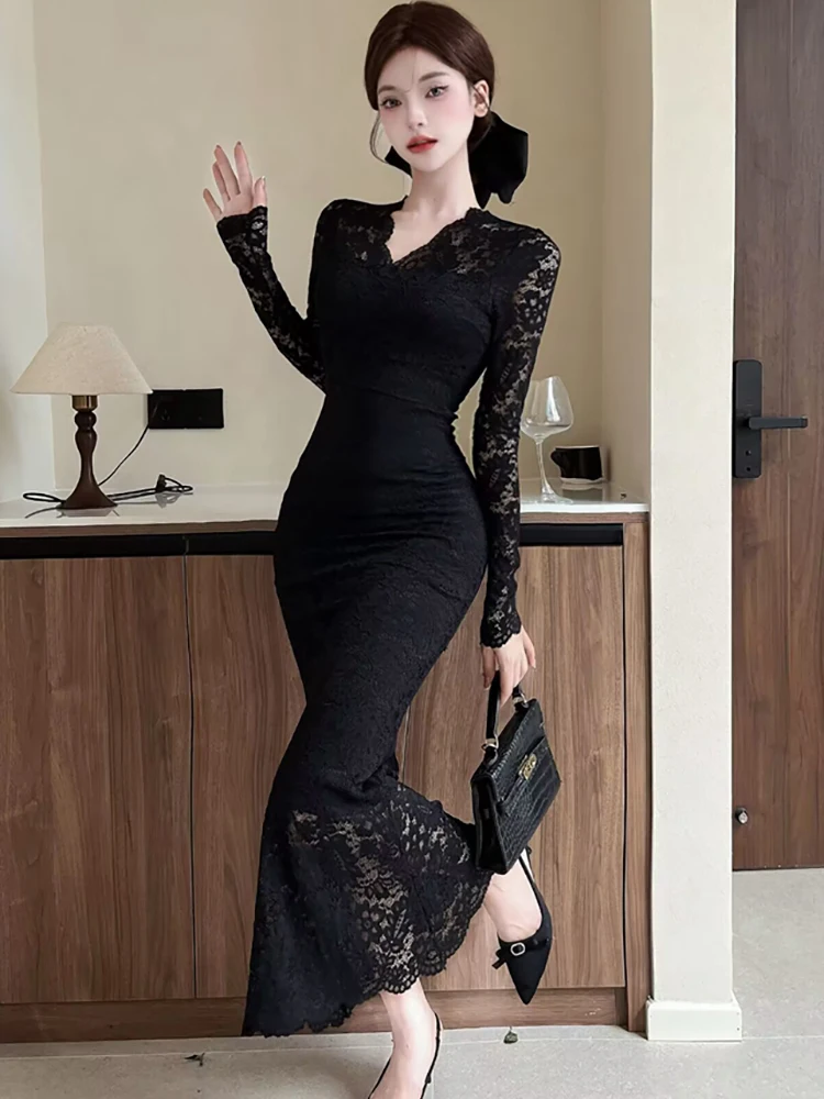 Feminino coreano vintage luxo bodycon vestido longo primavera outono branco renda jacquard vestido 2025 elegante chique babados vestidos de noite