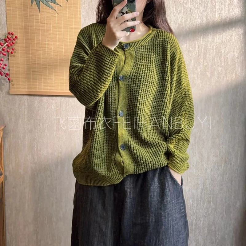 

Autumn 2025 New Arrival Arts Style Single Breasted Casual Loose O-neck Women Cardigan Long Sleeve Knitted Vintage Sweater F104