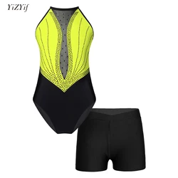 Collant sem mangas com strass para crianças, bodysuit com shorts, dança ballet, desempenho de palco ginástico, moda banho esportiva para meninas