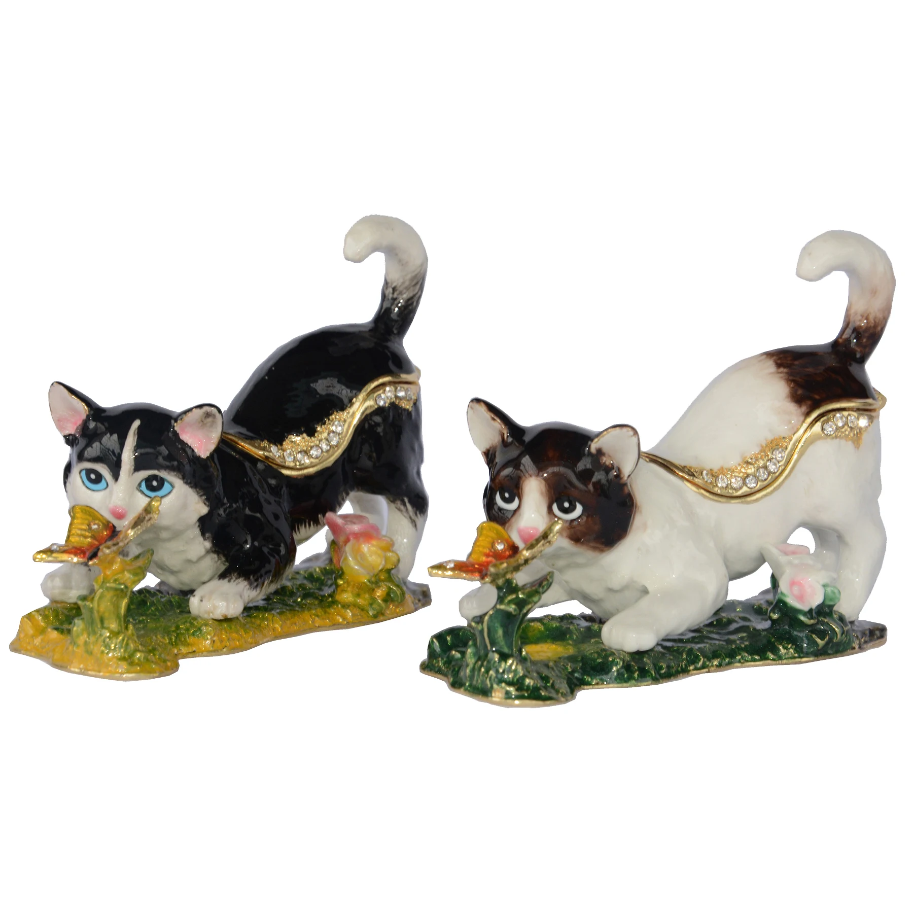 Cat Play Butterfly Jewelry Trinket Box Collectible Statues Figurines Collectibles Gifts