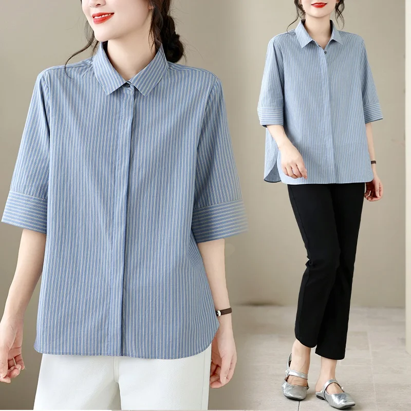 

Blue Striped Casual Short Sleeve Shirt Women's New Summer Thin Collar Casual Top Loose Fit Four Seasons Can Be Worn